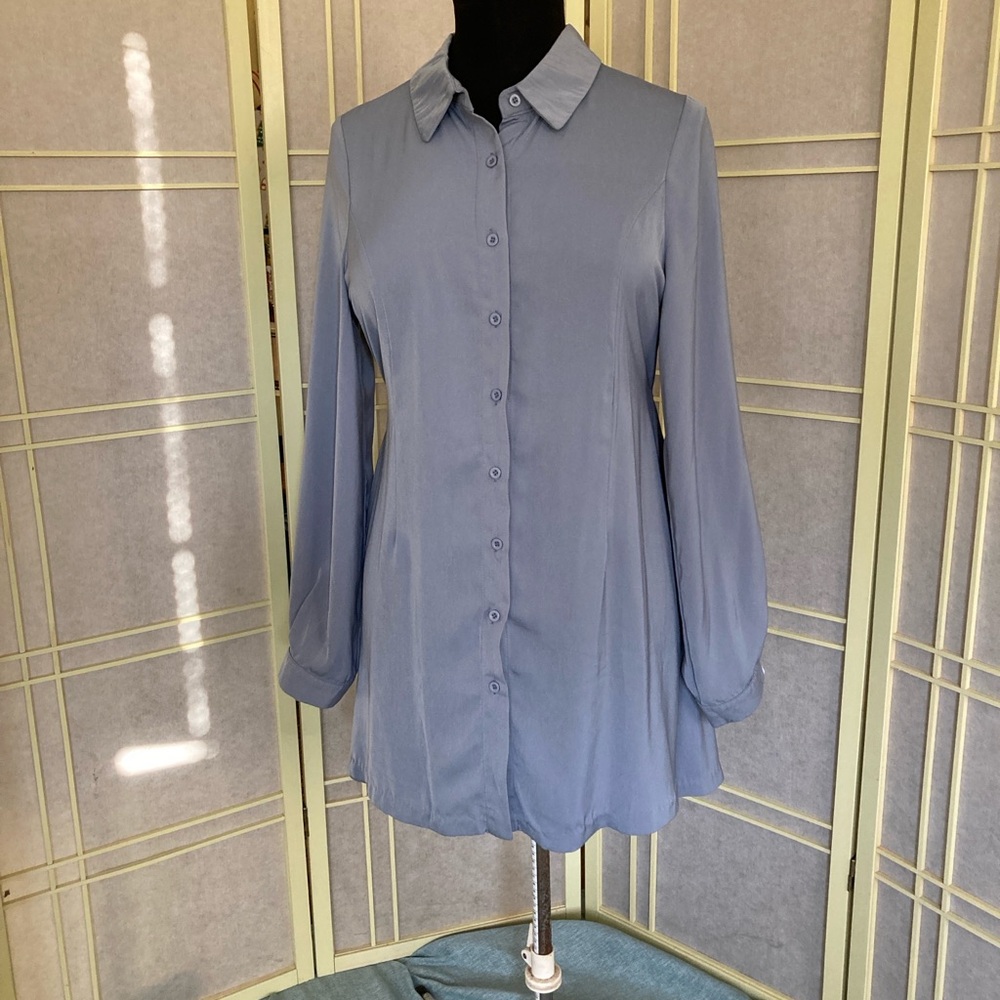 Elegant Light Bluish Gray Long Sleeve Shirt Dress